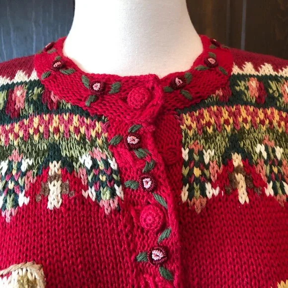 Vintage Tiara Petites Size PM Red Cardigan Sweater 2000 Teddy Bear Fair Isle - Picture 6 of 13